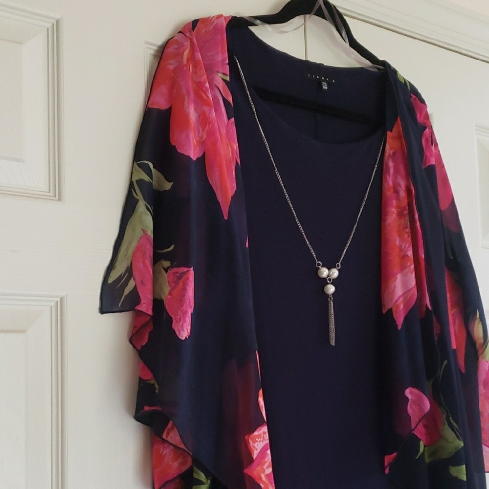 Tiana B Women's Printed Floral Chiffon Mock Overlay Kimono Dress w/Necklace - Picture 5 of 14